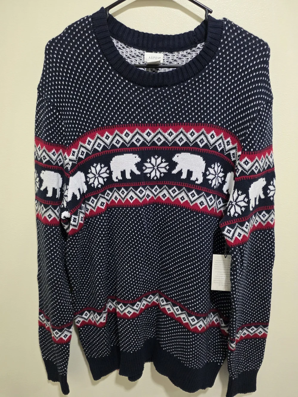 ​New Aspen Men's Holiday Sweater Navy Blue Polar Bear Fair Isle Print Size L